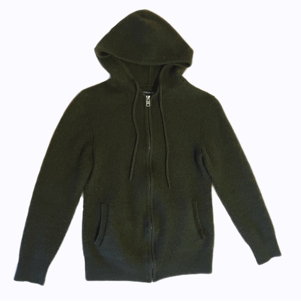 AllSaints Men’s 100% Cashmere Zip Hooded Cardigan Dark Olive Green Size Small